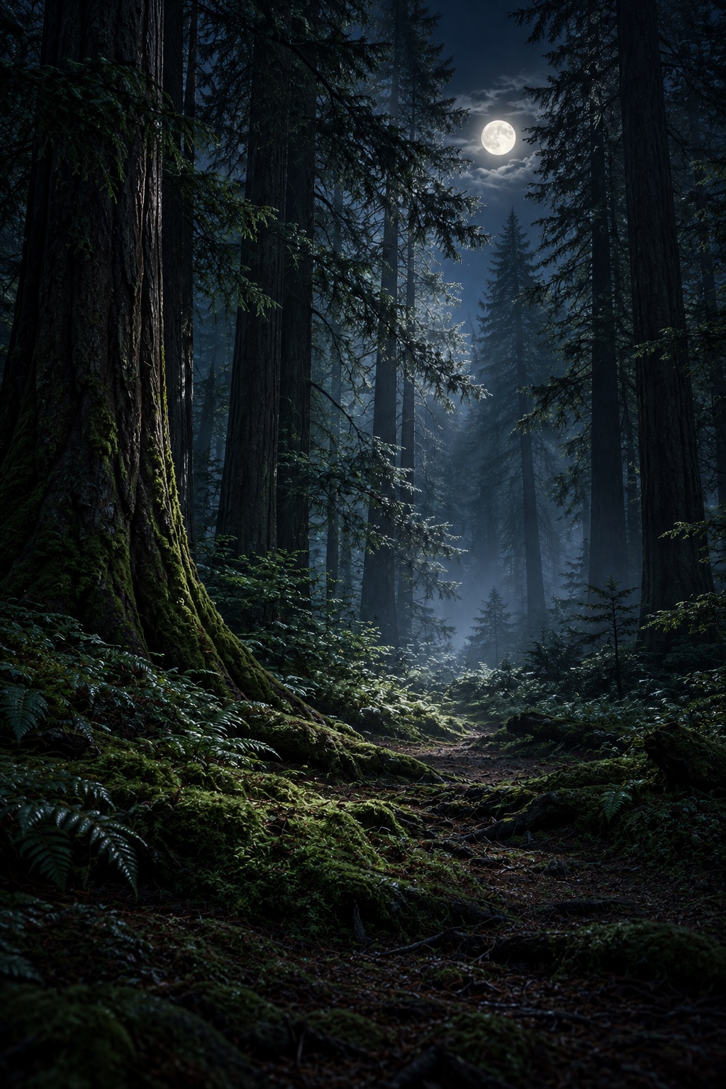 Soft light between trees in a misty forest