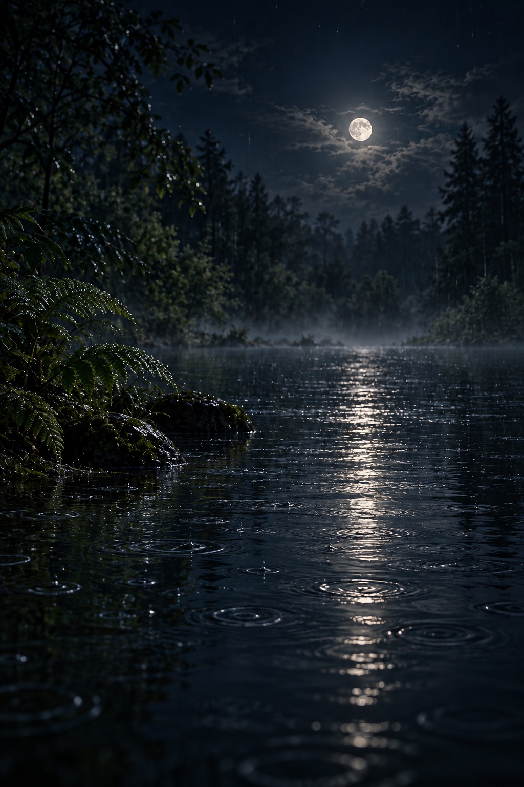 Rain falling over moonlit water among trees